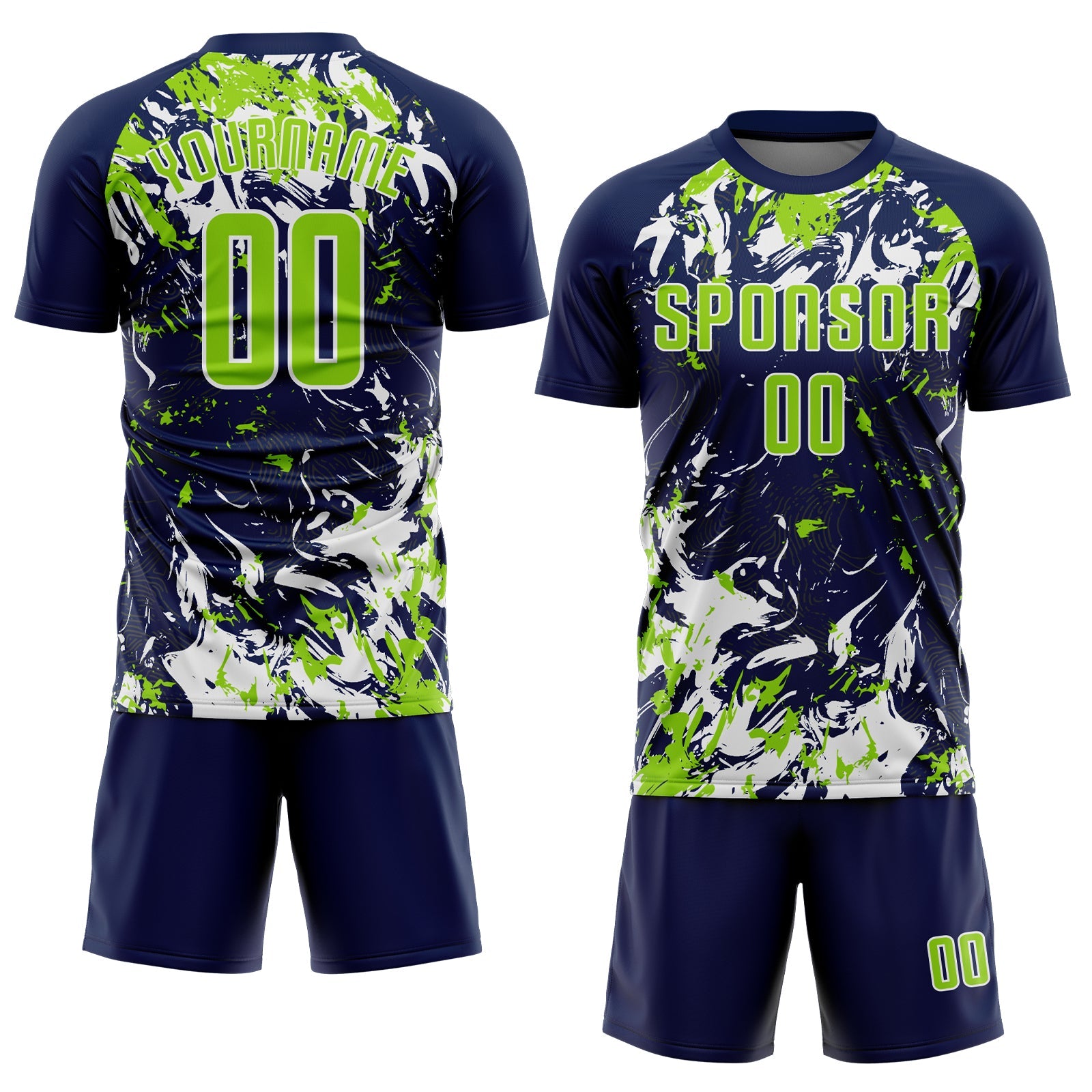 Custom Navy Neon Green-White Fluid Art Splash Sublimation Soccer Uniform Jersey