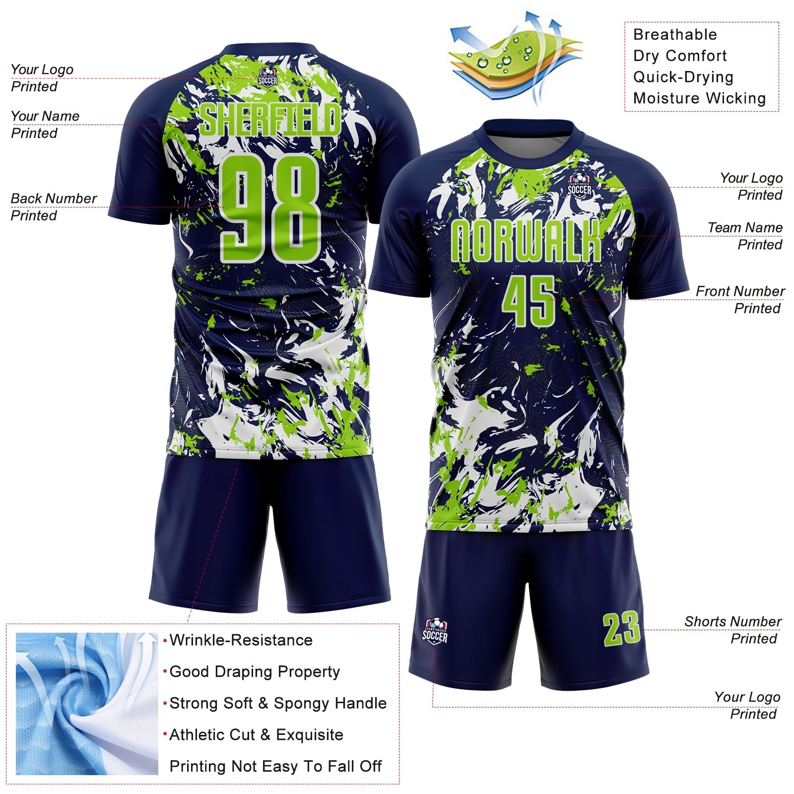 Custom Navy Neon Green-White Fluid Art Splash Sublimation Soccer Uniform Jersey
