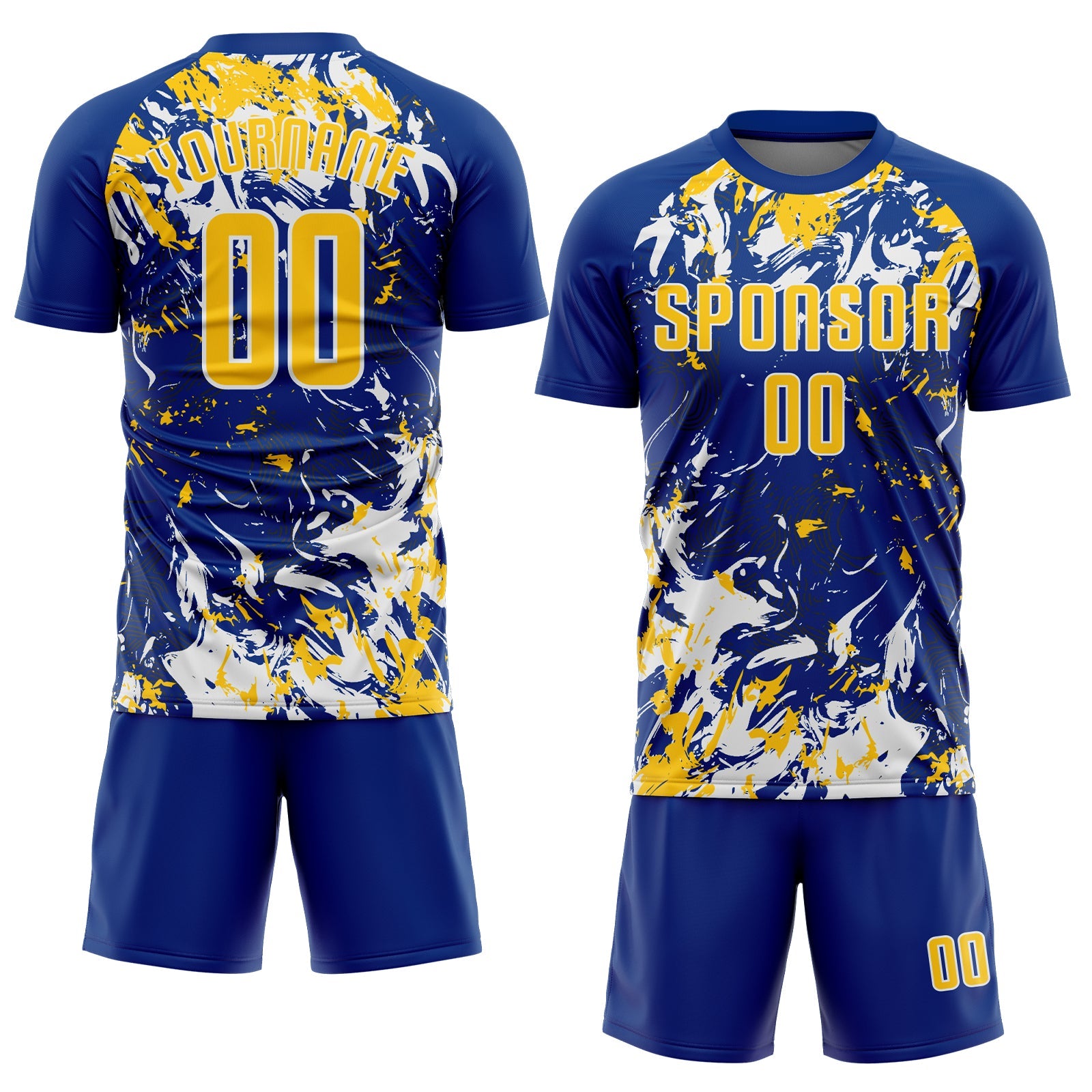 Custom Royal Yellow-White Fluid Art Splash Sublimation Soccer Uniform Jersey