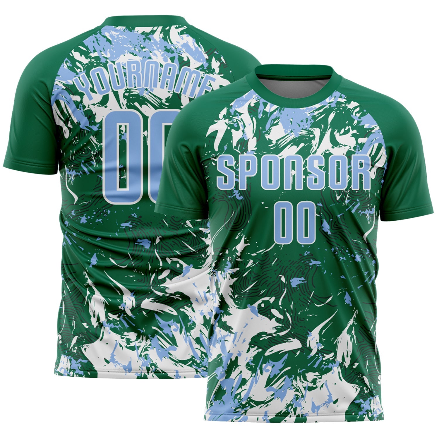 Custom Kelly Green Light Blue-White Fluid Art Splash Sublimation Soccer Uniform Jersey