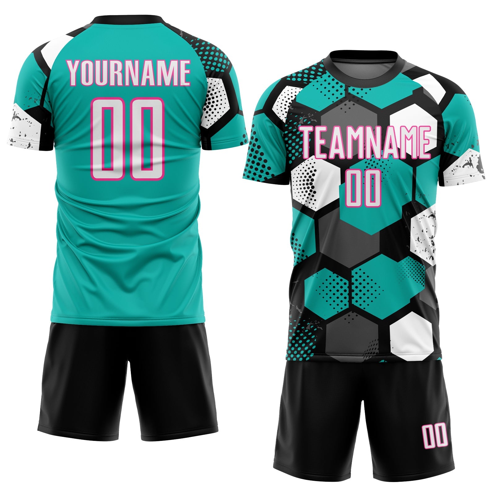 Custom Black White Aqua-Pink Geometric Shape Sublimation Soccer Uniform Jersey