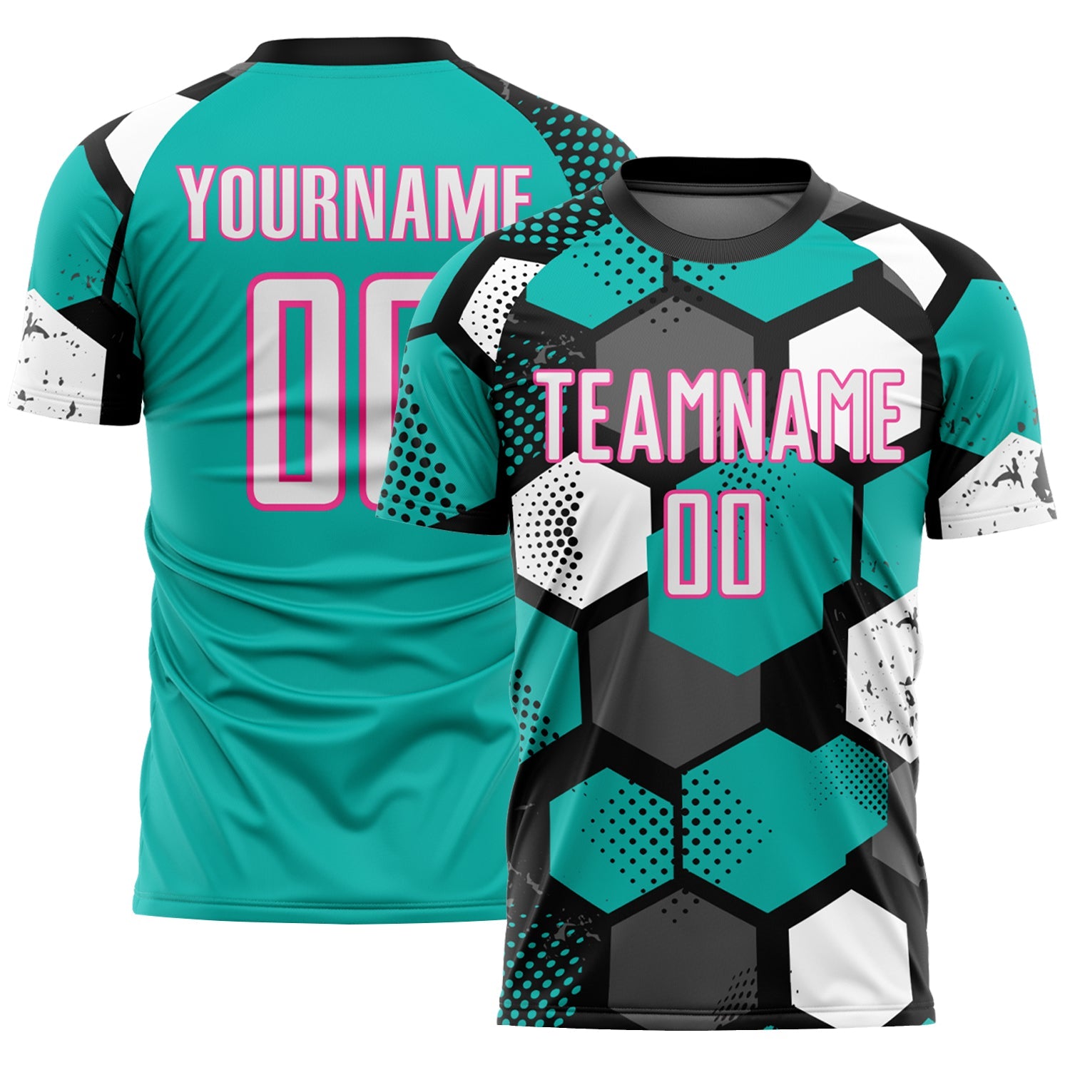 Custom Black White Aqua-Pink Geometric Shape Sublimation Soccer Uniform Jersey
