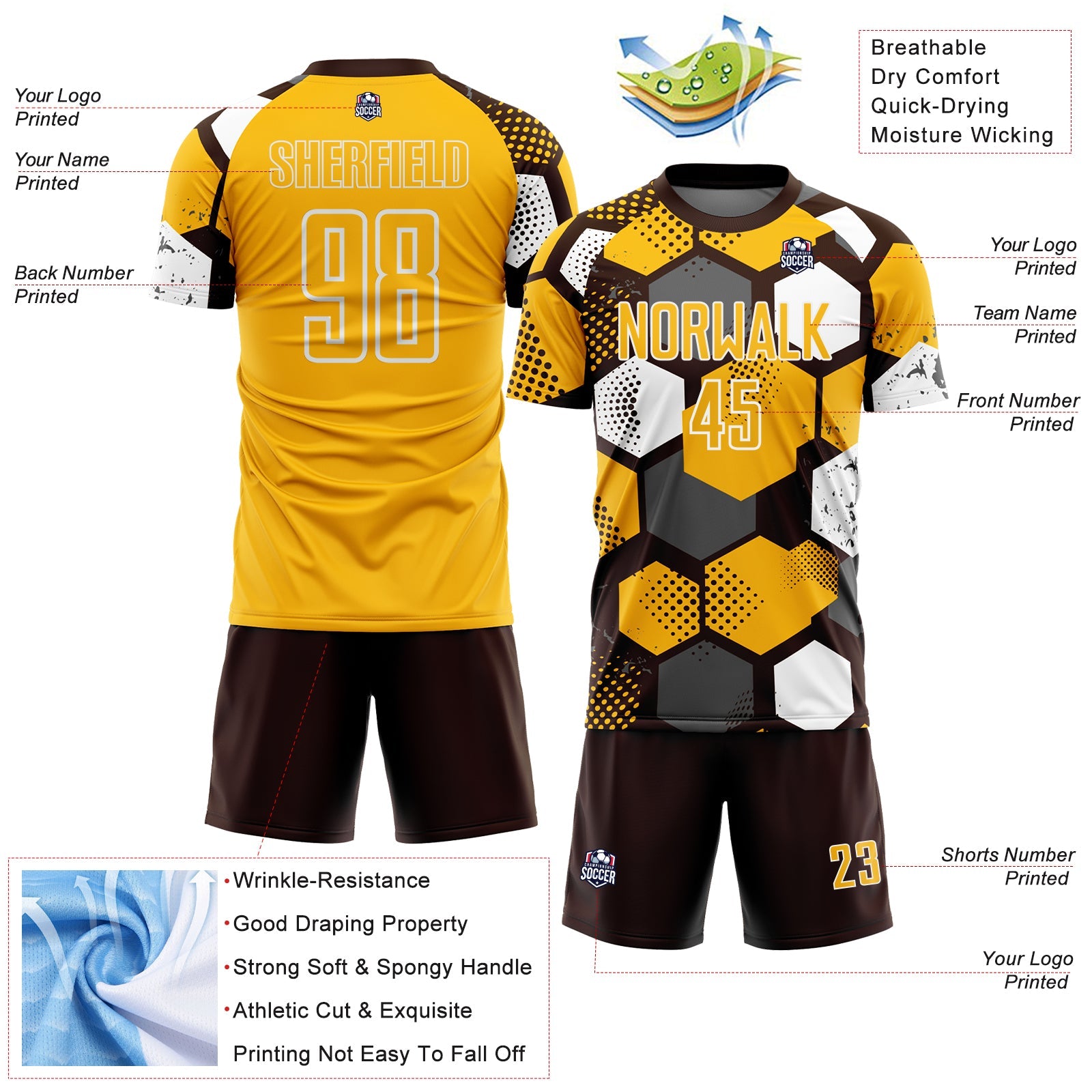 Custom Brown Gold-White Geometric Shape Sublimation Soccer Uniform Jersey
