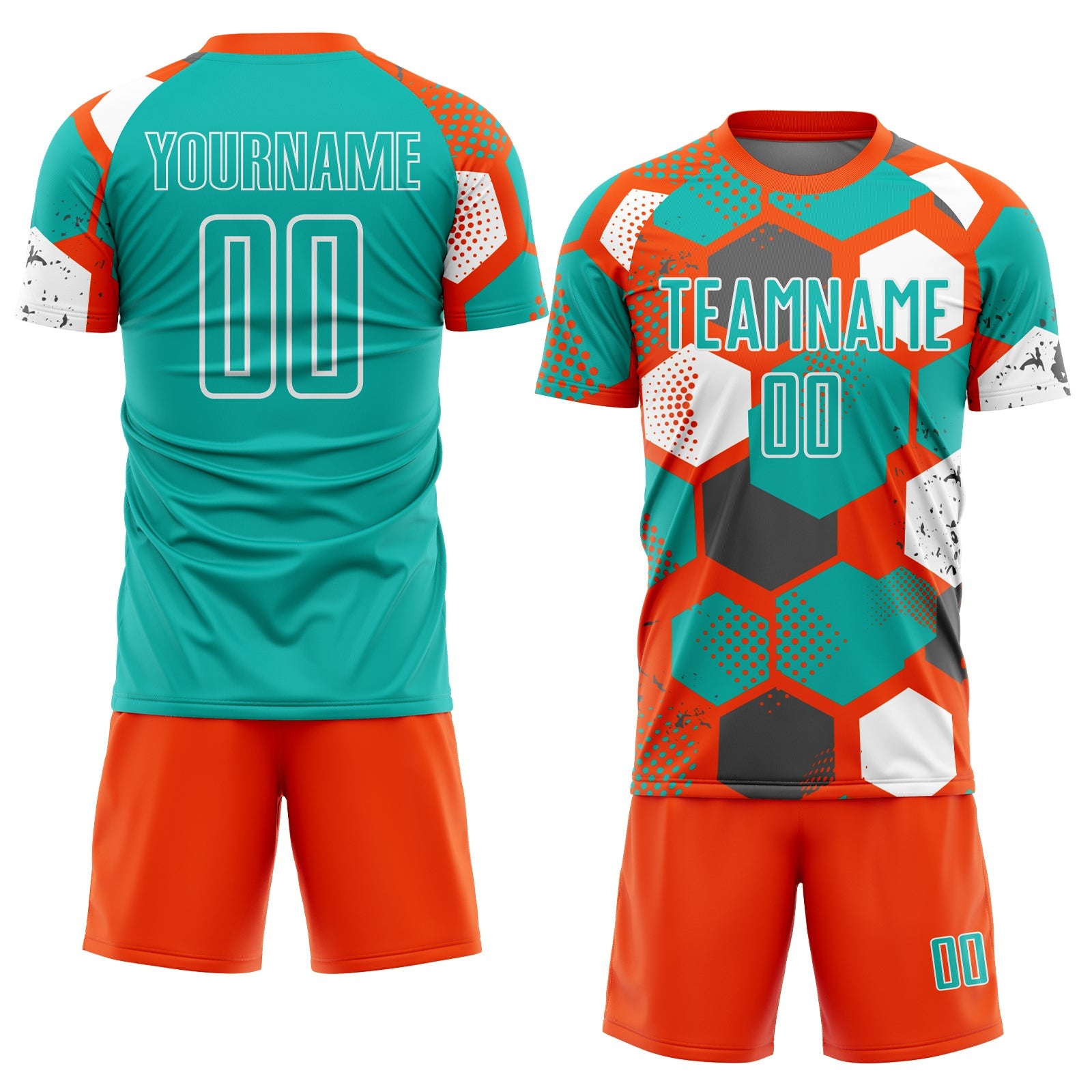 Custom Orange Aqua-White Geometric Shape Sublimation Soccer Uniform Jersey