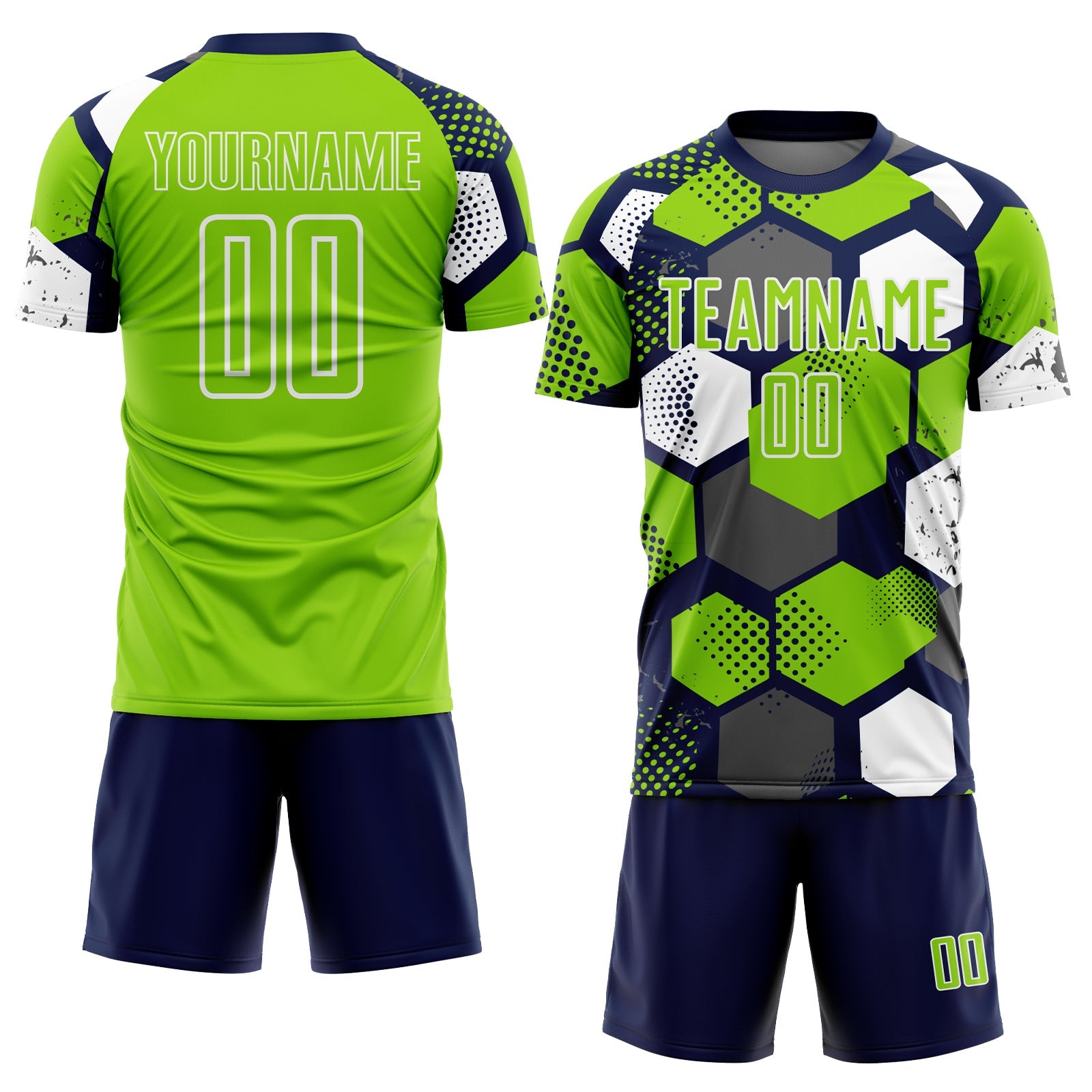 Custom Navy Neon Green-White Geometric Shape Sublimation Soccer Uniform Jersey