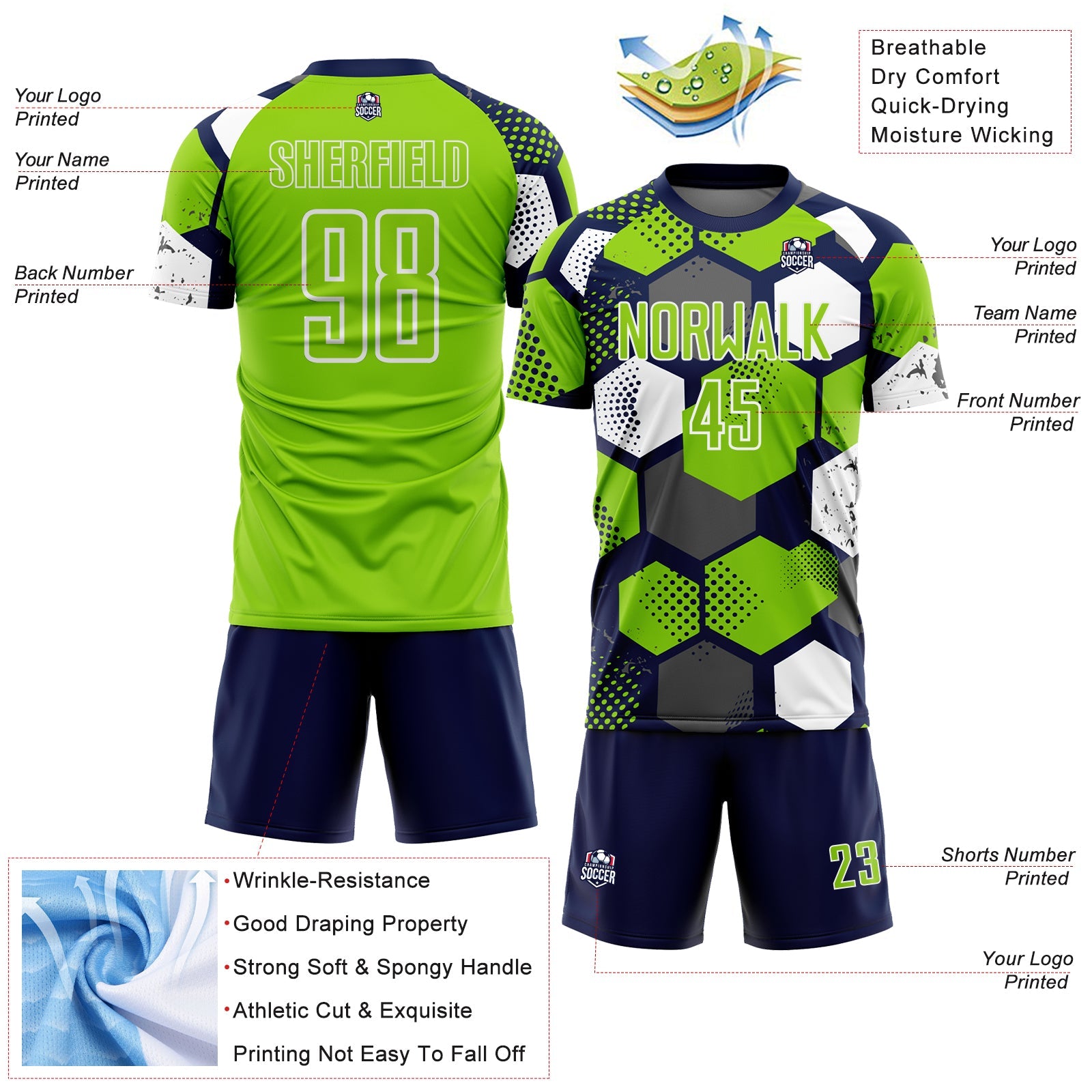 Custom Navy Neon Green-White Geometric Shape Sublimation Soccer Uniform Jersey