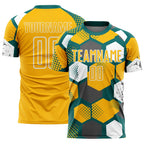Custom Teal Gold-White Geometric Shape Sublimation Soccer Uniform Jersey