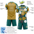 Custom Teal Old Gold-White Geometric Shape Sublimation Soccer Uniform Jersey