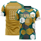 Custom Teal Old Gold-White Geometric Shape Sublimation Soccer Uniform Jersey