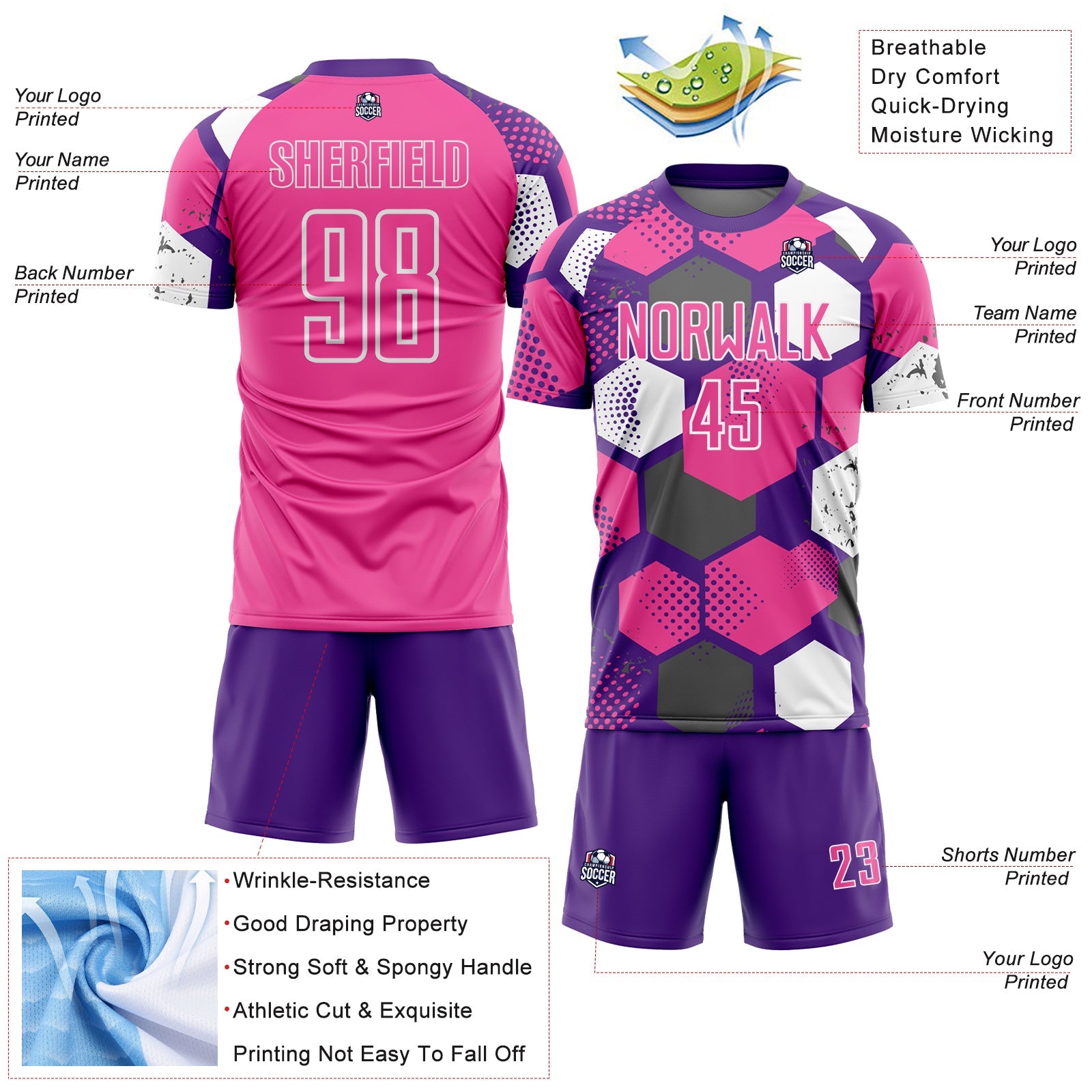 Custom Purple Pink-White Geometric Shape Sublimation Soccer Uniform Jersey
