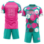 Custom Aqua Pink-White Geometric Shape Sublimation Soccer Uniform Jersey