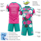 Custom Aqua Pink-White Geometric Shape Sublimation Soccer Uniform Jersey
