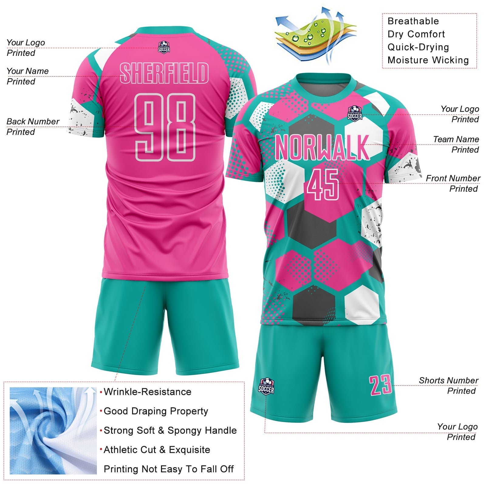 Custom Aqua Pink-White Geometric Shape Sublimation Soccer Uniform Jersey