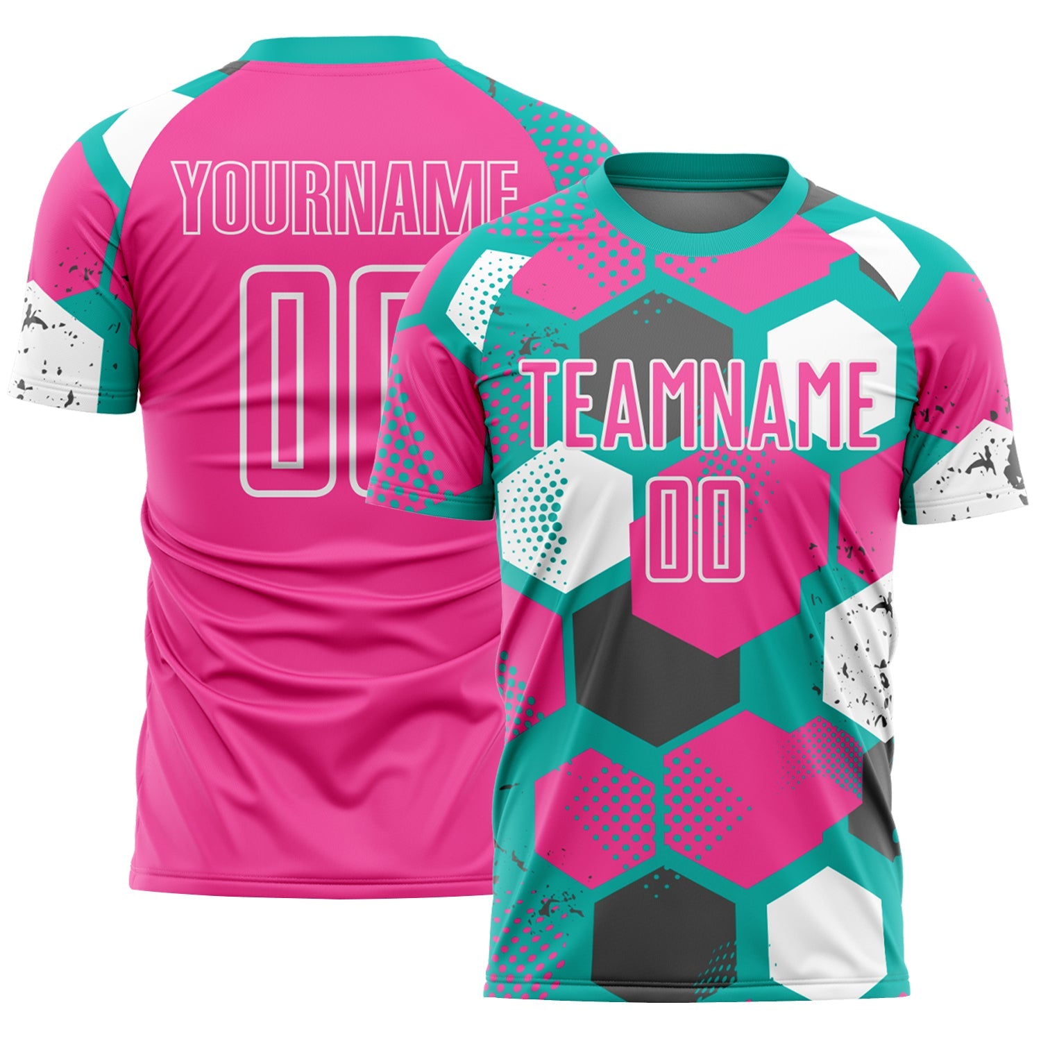 Custom Aqua Pink-White Geometric Shape Sublimation Soccer Uniform Jersey