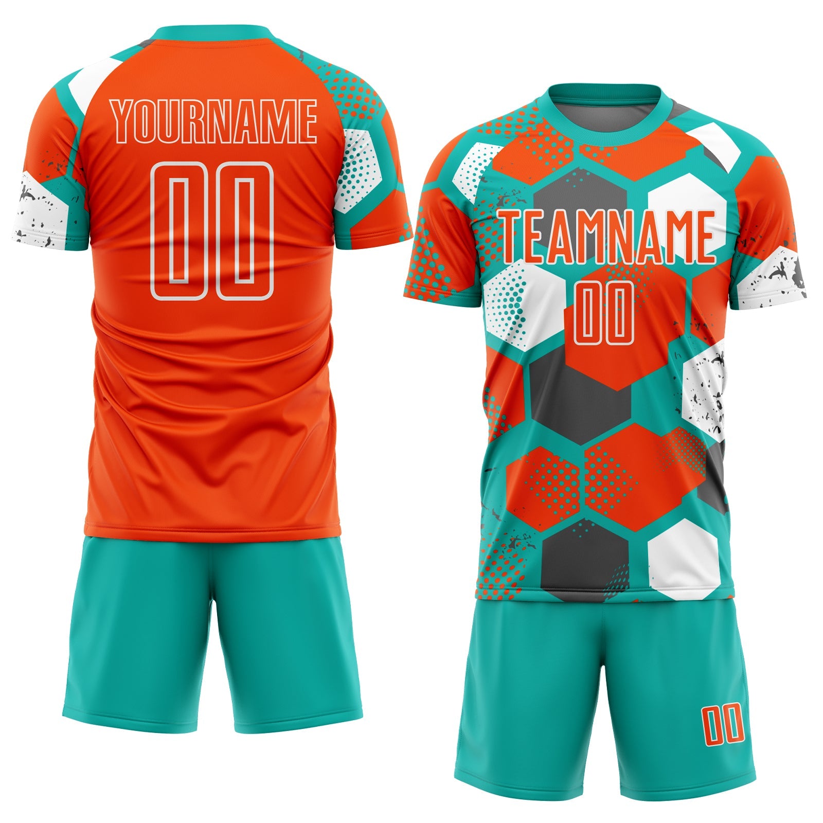 Custom Aqua Orange-White Geometric Shape Sublimation Soccer Uniform Jersey