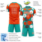 Custom Aqua Orange-White Geometric Shape Sublimation Soccer Uniform Jersey