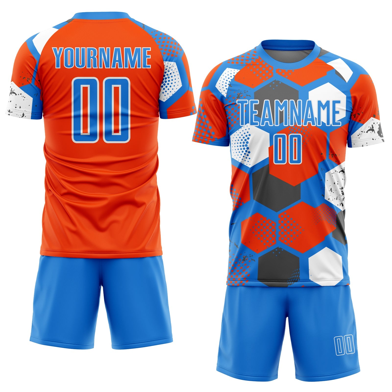 Custom Powder Blue Orange-White Geometric Shape Sublimation Soccer Uniform Jersey