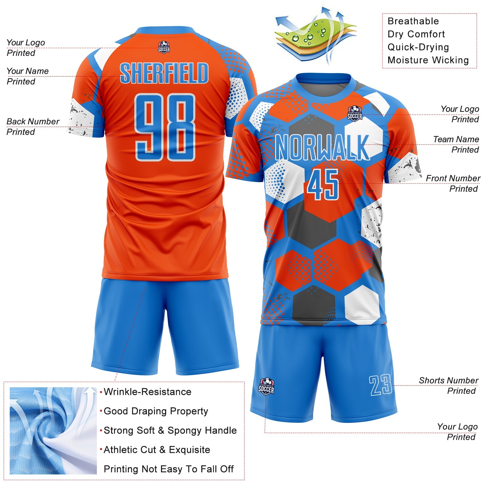 Custom Powder Blue Orange-White Geometric Shape Sublimation Soccer Uniform Jersey