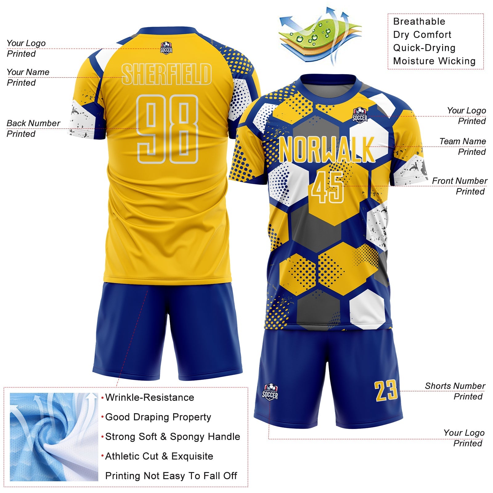 Custom Royal Yellow-White Geometric Shape Sublimation Soccer Uniform Jersey