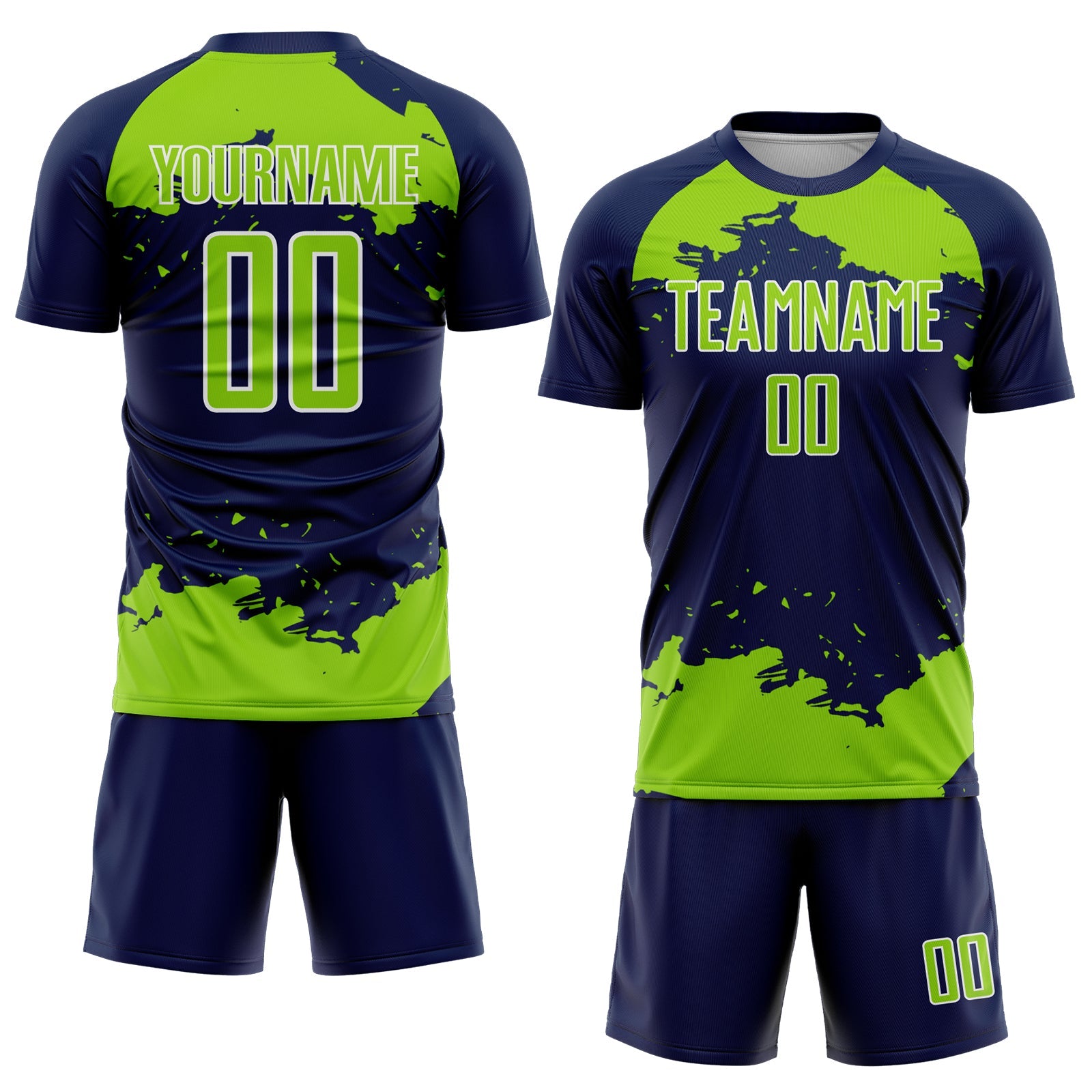 Custom Navy Neon Green-White Abstract Fragment Art Sublimation Soccer Uniform Jersey