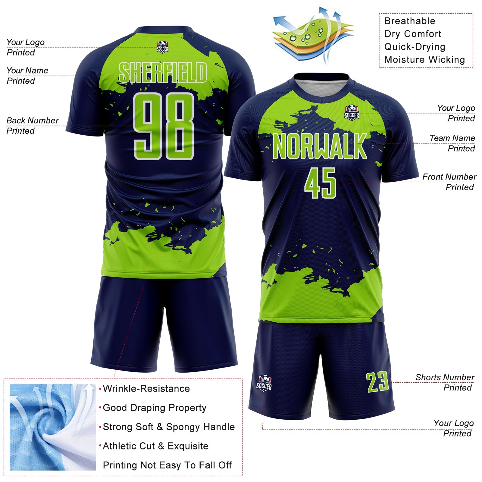 Custom Navy Neon Green-White Abstract Fragment Art Sublimation Soccer Uniform Jersey