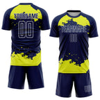 Custom Navy Neon Yellow-White Abstract Fragment Art Sublimation Soccer Uniform Jersey
