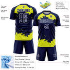 Custom Navy Neon Yellow-White Abstract Fragment Art Sublimation Soccer Uniform Jersey