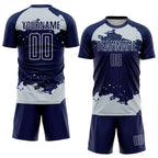 Custom Navy Silver-White Abstract Fragment Art Sublimation Soccer Uniform Jersey
