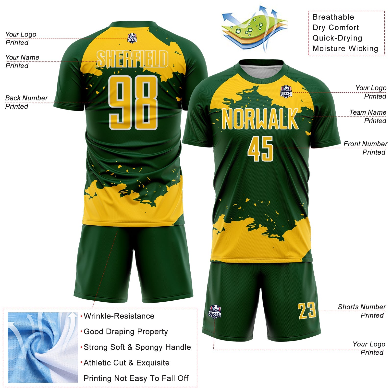 Custom Green Yellow-White Abstract Fragment Art Sublimation Soccer Uniform Jersey