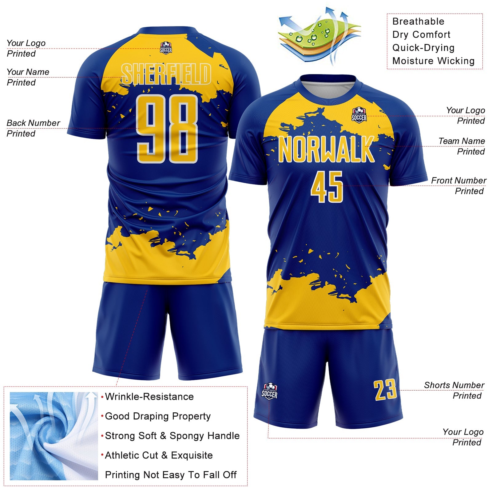 Custom Royal Yellow-White Abstract Fragment Art Sublimation Soccer Uniform Jersey