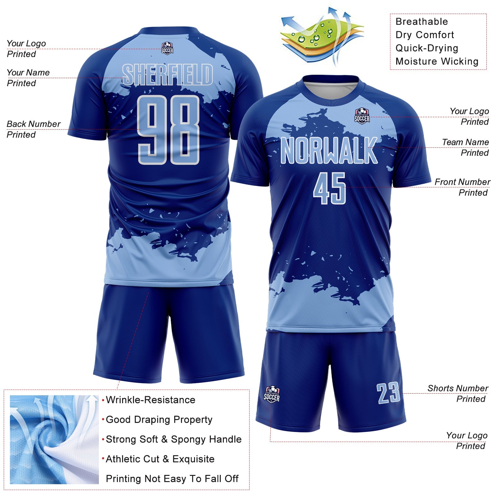 Custom Royal Light Blue-White Abstract Fragment Art Sublimation Soccer Uniform Jersey