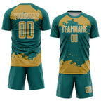 Custom Teal Old Gold-White Abstract Fragment Art Sublimation Soccer Uniform Jersey