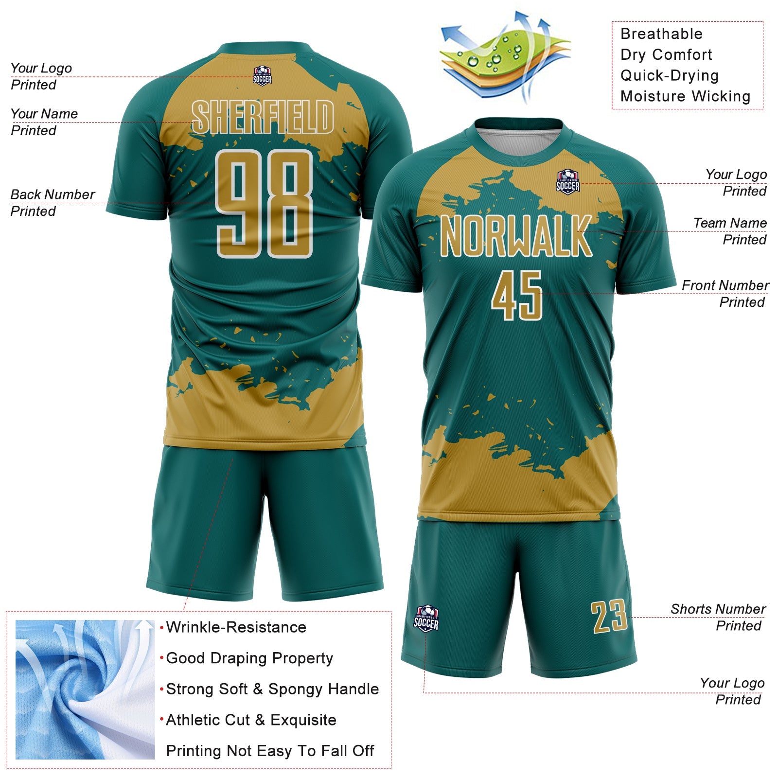 Custom Teal Old Gold-White Abstract Fragment Art Sublimation Soccer Uniform Jersey