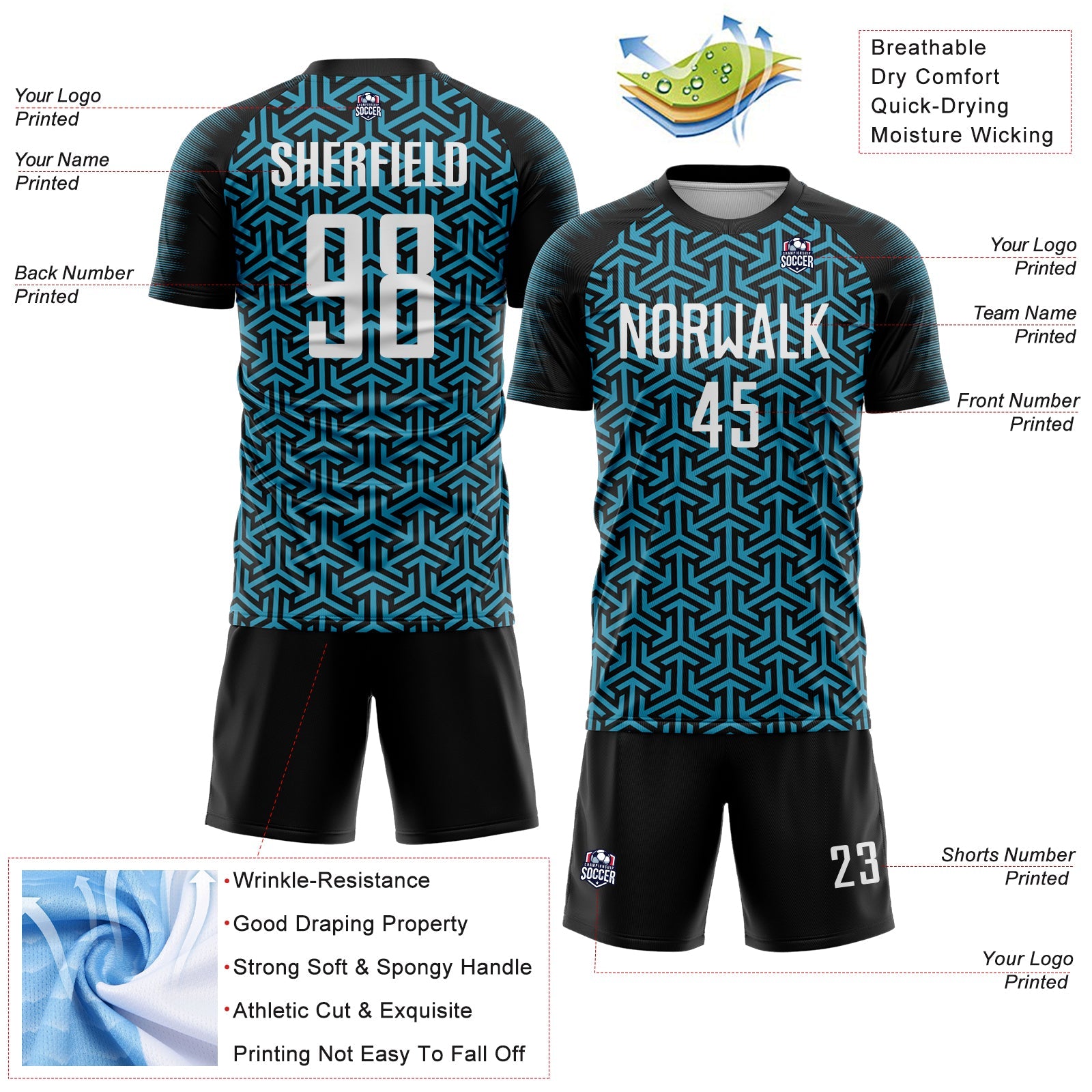 Custom Black White-Panther Blue Geometric Arrow Sublimation Soccer Uniform Jersey