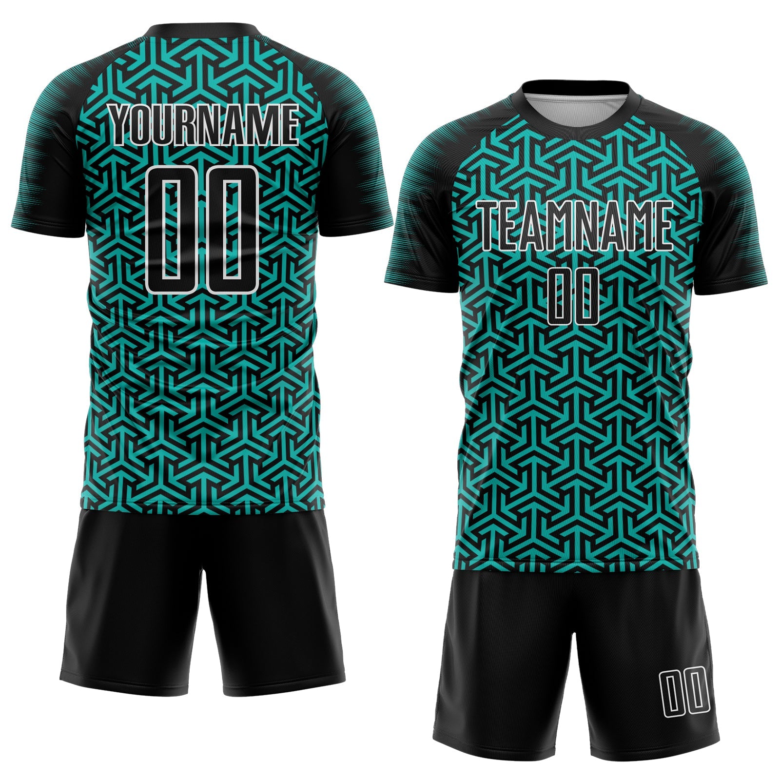 Custom Black Aqua-White Geometric Arrow Sublimation Soccer Uniform Jersey