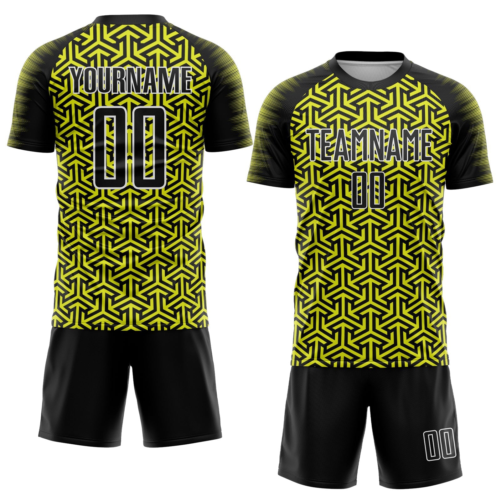 Custom Black Neon Yellow-White Geometric Arrow Sublimation Soccer Uniform Jersey