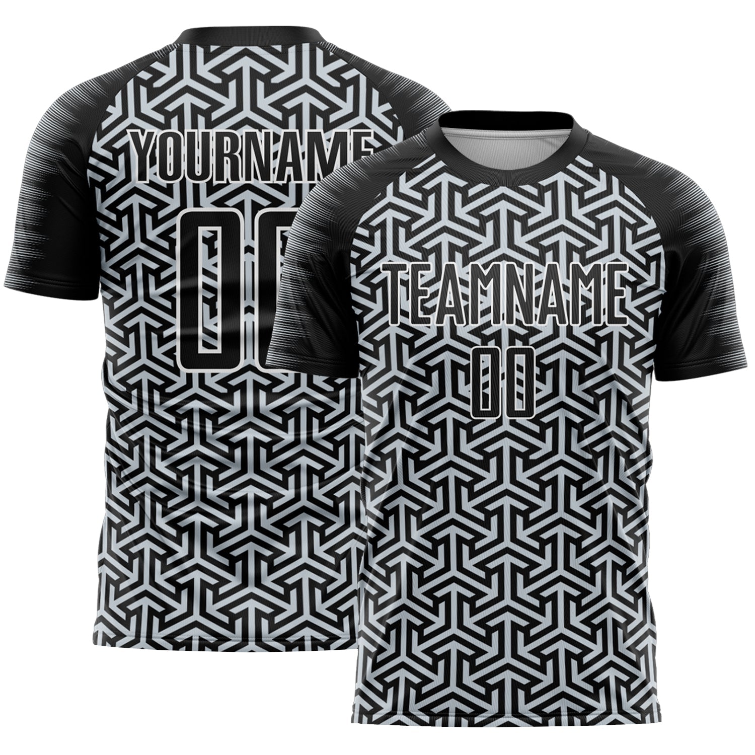 Custom Black Silver-White Geometric Arrow Sublimation Soccer Uniform Jersey