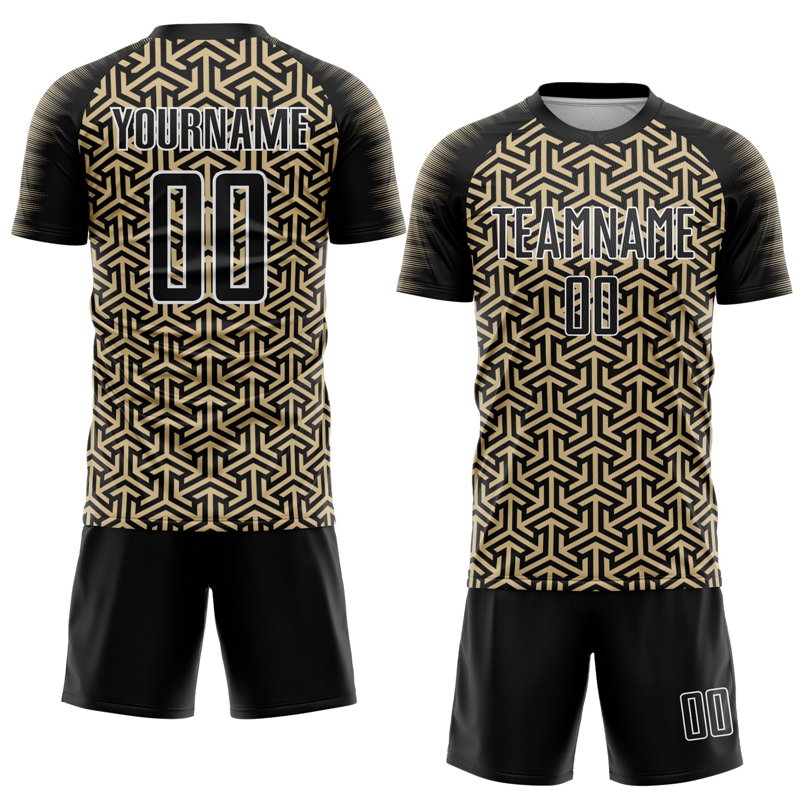 Custom Black Vegas Gold-White Geometric Arrow Sublimation Soccer Uniform Jersey