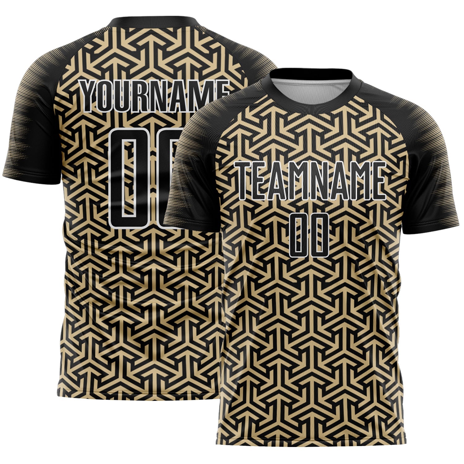 Custom Black Vegas Gold-White Geometric Arrow Sublimation Soccer Uniform Jersey