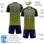 Custom Navy Neon Yellow-White Geometric Arrow Sublimation Soccer Uniform Jersey