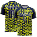 Custom Navy Neon Yellow-White Geometric Arrow Sublimation Soccer Uniform Jersey