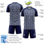 Custom Navy Silver-White Geometric Arrow Sublimation Soccer Uniform Jersey