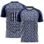 Custom Navy Silver-White Geometric Arrow Sublimation Soccer Uniform Jersey