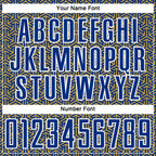 Custom Royal Old Gold-White Geometric Arrow Sublimation Soccer Uniform Jersey