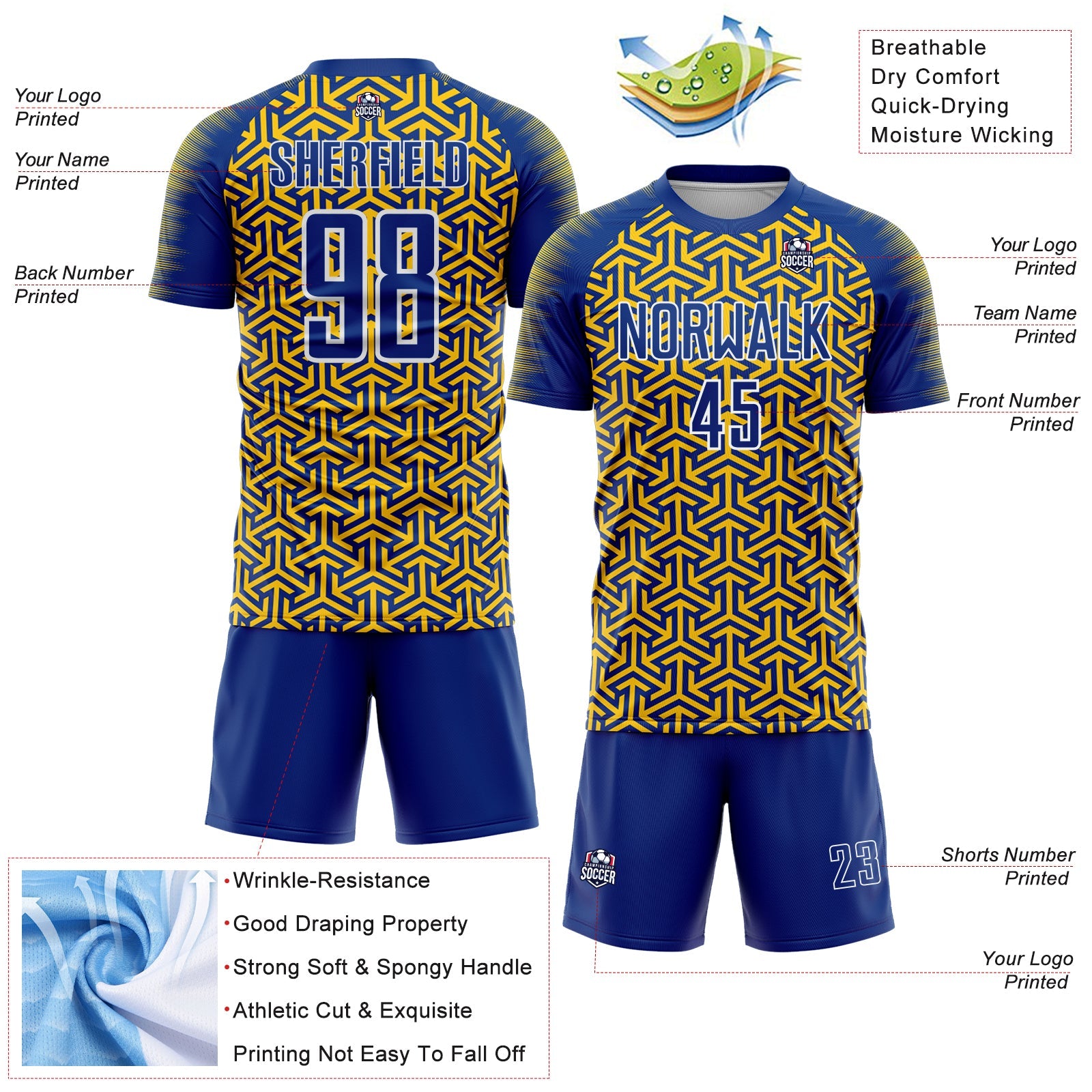 Custom Royal Yellow-White Geometric Arrow Sublimation Soccer Uniform Jersey