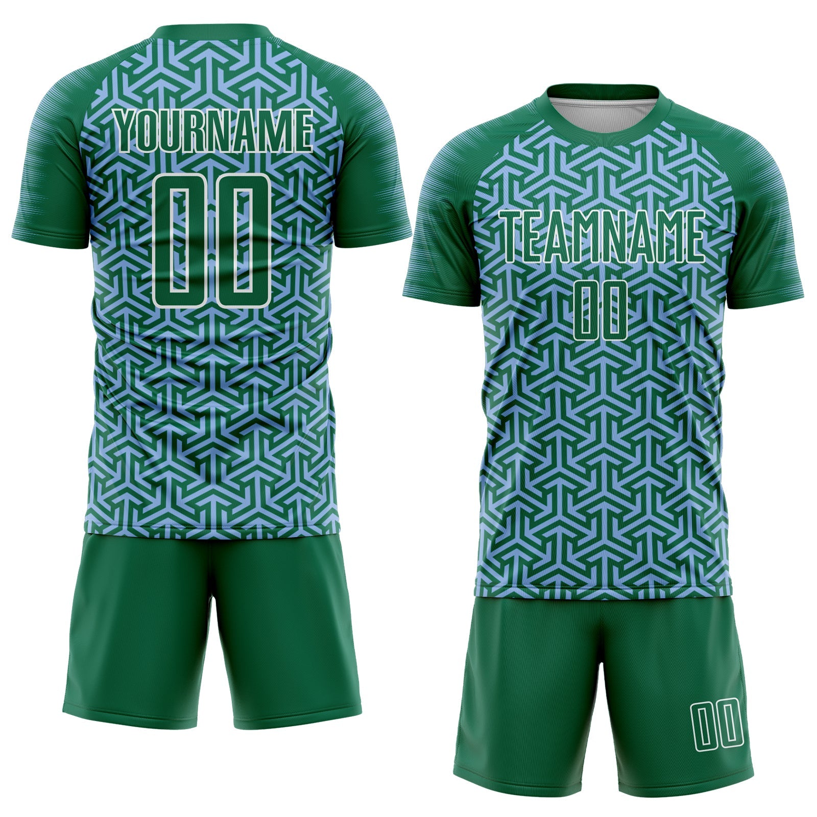 Custom Kelly Green Light Blue-White Geometric Arrow Sublimation Soccer Uniform Jersey