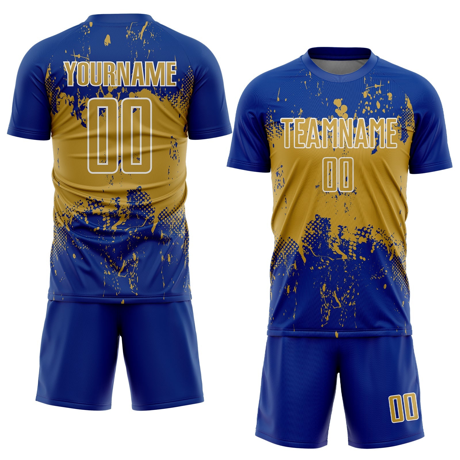 Custom Royal Old Gold-White Abstract Splatter Grunge Art Sports Sublimation Soccer Uniform Jersey