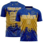 Custom Royal Old Gold-White Abstract Splatter Grunge Art Sports Sublimation Soccer Uniform Jersey