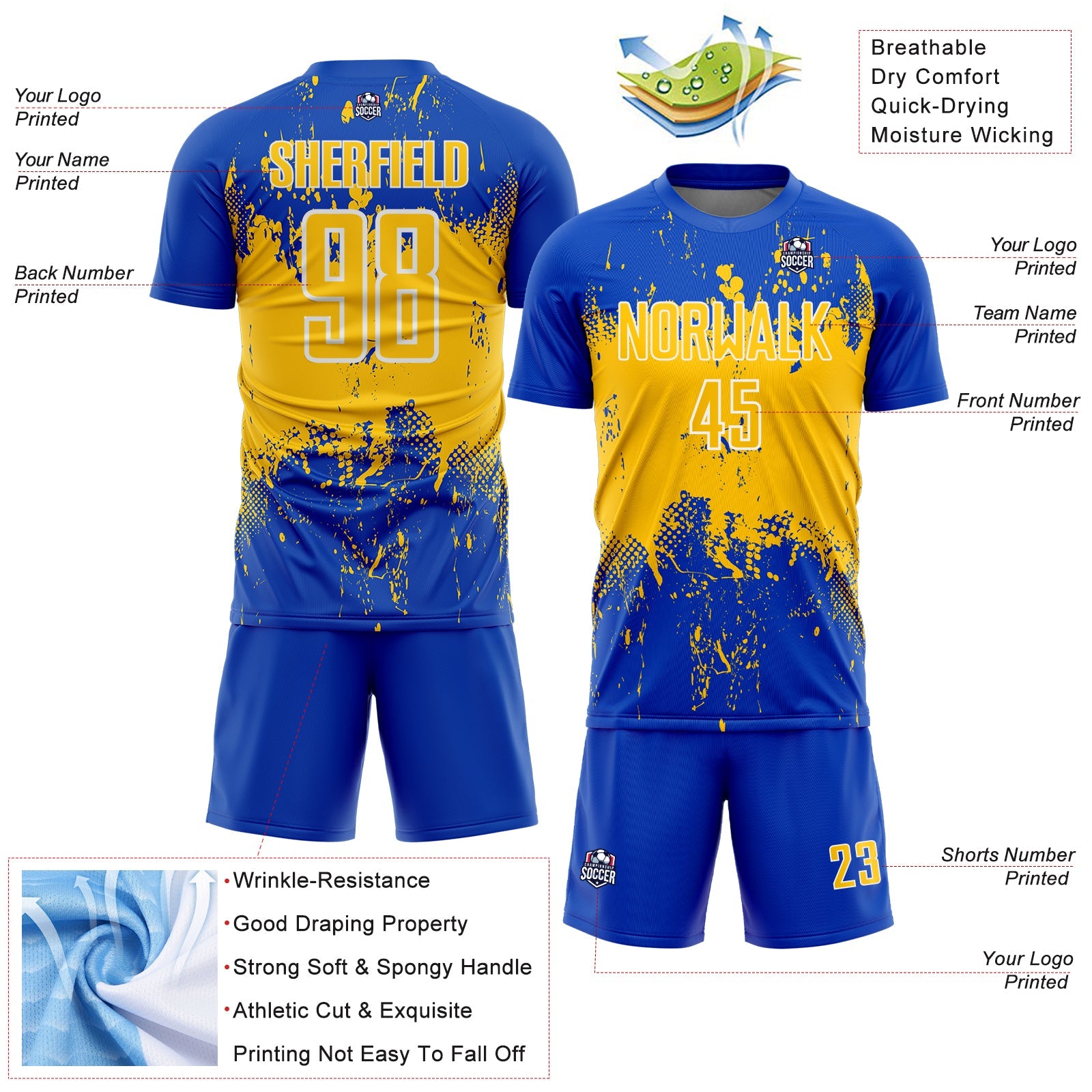 Custom Thunder Blue Yellow-White Abstract Splatter Grunge Art Sports Sublimation Soccer Uniform Jersey