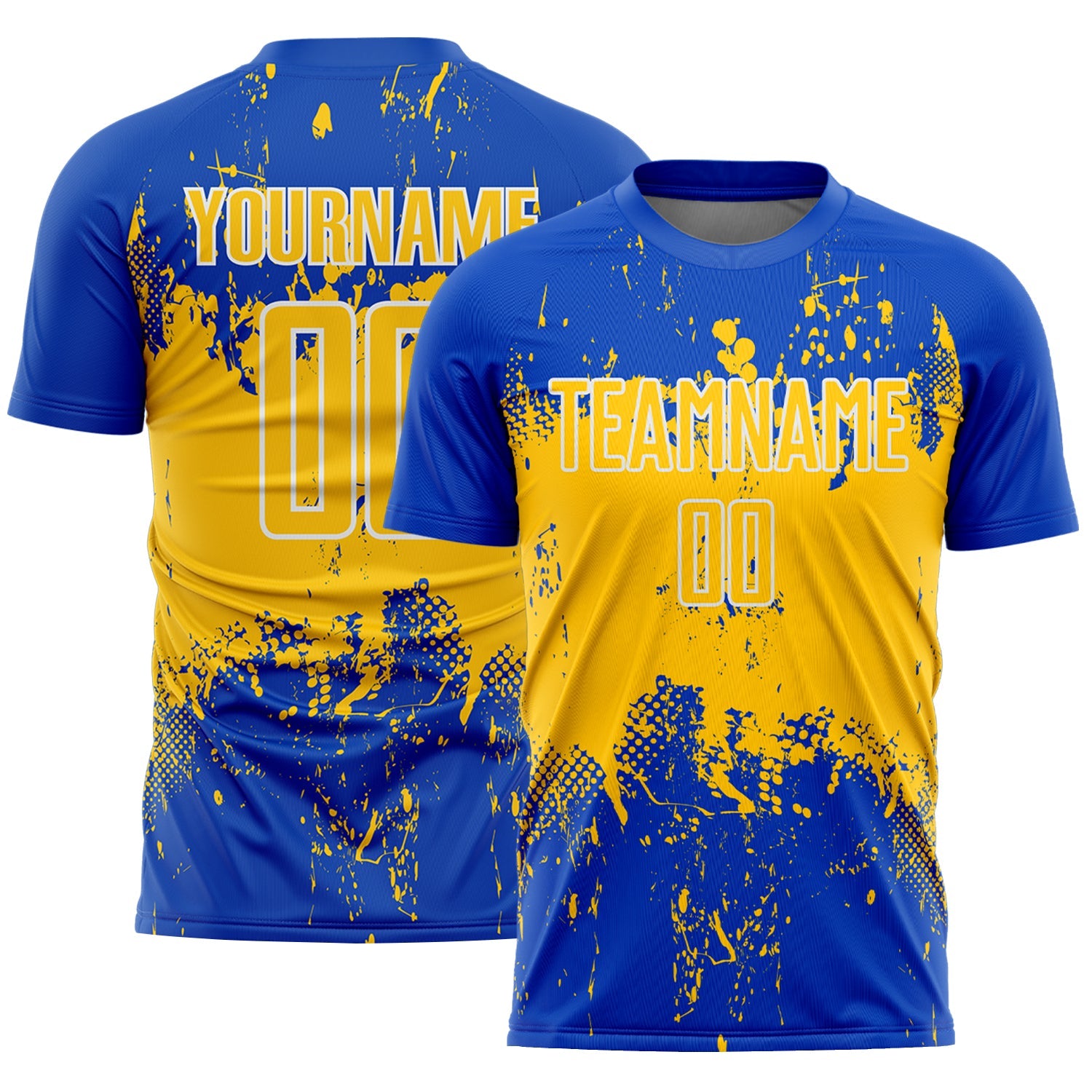 Custom Thunder Blue Yellow-White Abstract Splatter Grunge Art Sports Sublimation Soccer Uniform Jersey
